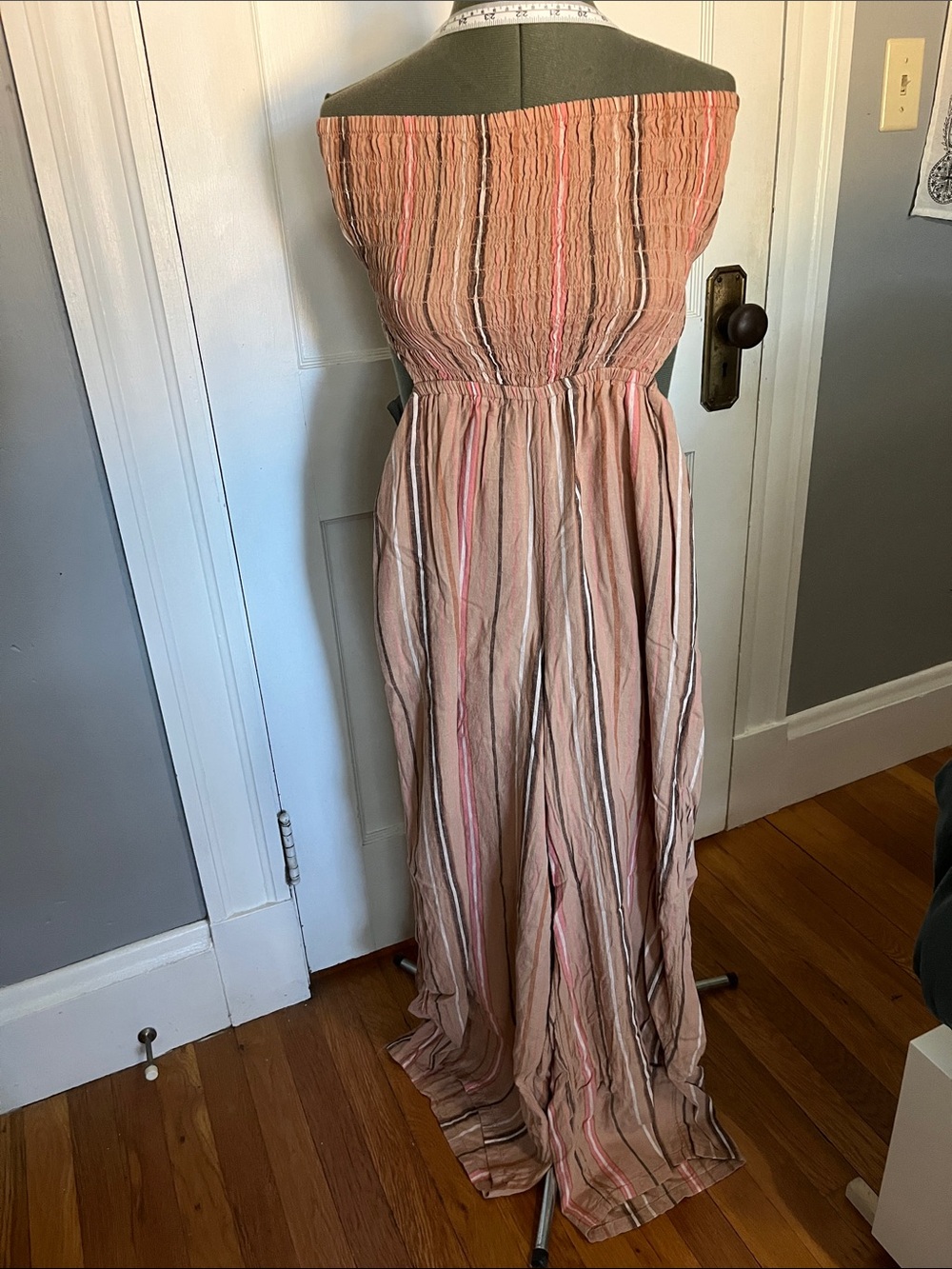 aerie Pink & Brown Striped Maxi Jumpsuit. Tube top attached in front only